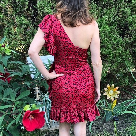 NWT Jay Godrey Red Leopard Cheetah One Shoulder Ruffle Mini Dress - Picture 7 of 8